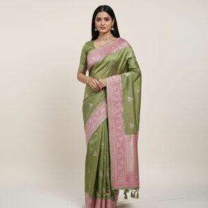 Vichitra fabric saree heavy embroidery work border and contrast blouse piece
