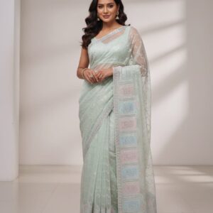Glass silk fabric Designer saree with panal  heavy embroidery work border and simple blouse