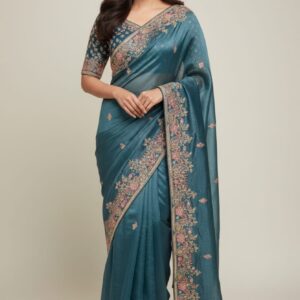 Fandy glass fabric with heavy embroidery work border and contrast heavy embroidery work blouse