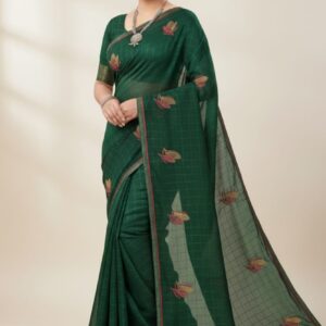 WEIGHT LESS CHECKS FABRIC SAREE WITH CONTRAST RED COLOR VISCOS FABRIC BLOUSE