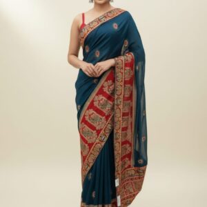 Vichitra fabric saree contrast heavy border and blouse