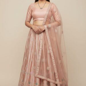 JEPNIS SATIN FABRIC WITH LIGHT WEIGHT RESHAM WORK LAHANGA  NET CHUNNI