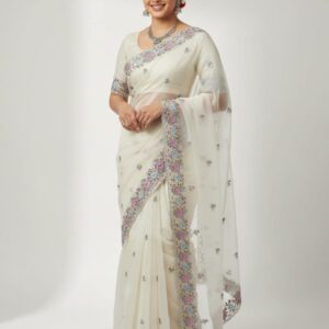 PAPER SILK FABRIC SAREE WITH HEAVY RESHAM EMBROIDERY AND JARKAN WORK BORDER AND BLOUSE