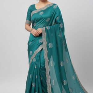 CHOCOLATE FABRIC SAREE WITH PATCH AND SIROSKY WORK BOOTA AND BORDER WORK IN FULL SAREE