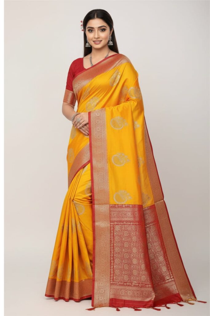 PURE BANARASI SAREE WITH CONTRAST BORDER AND BLOUSE