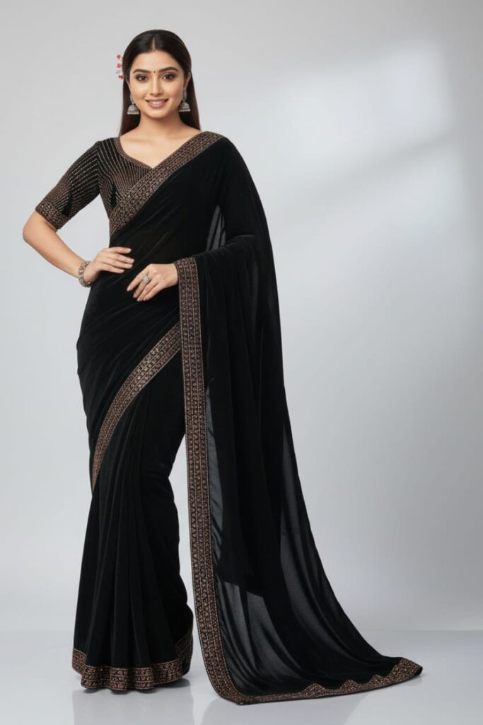 CRAPE CHIFFON SAREE WITH HEAVY SIROSKY VELVET BORDER AND BLOUSE