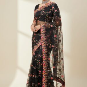 Soft net  FABRIC SAREE WITH HEAVY EMBROIDERY BOOTA WORK AND CONTRAST BORDER AND BLOUSE