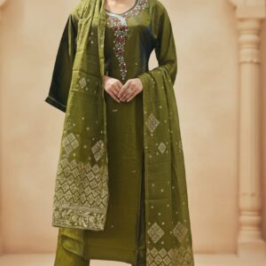 SILK FABRIC TOP WITH HEAVY EMBROIDERY NECK WORK  With READYMADE PANT AND DOLA SILK FABRIC DUPATTA