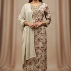 PAPER SILK FABRIC TOP WITH NECK WORK  READYMADE PANT AND CHIFFON FABRIC DUPATTA