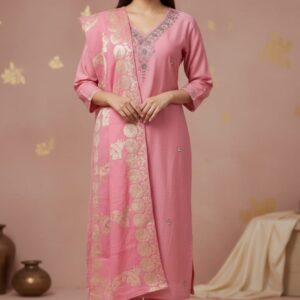 PURE VICHITRA SILK FABRIC TOP WITH HEAVY NECK WORK  READYMADE PANT AND DOLA SILK FABRIC DUPATTA