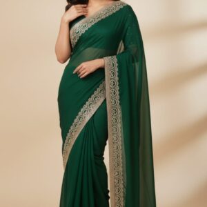PURE  WEAGHT LESS JORJET FABRIC SAREE WITH HEAVY JARKAN BORDER AND HEAVY JARKAN BLOUSE