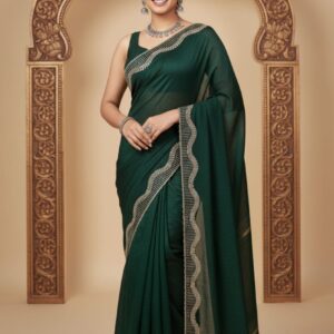 AMBOSE CRAPE CHIFFON SAREE WITH HEAVY JARKAN BORDER AND HEAVY JARKAN WORK BLOUSE