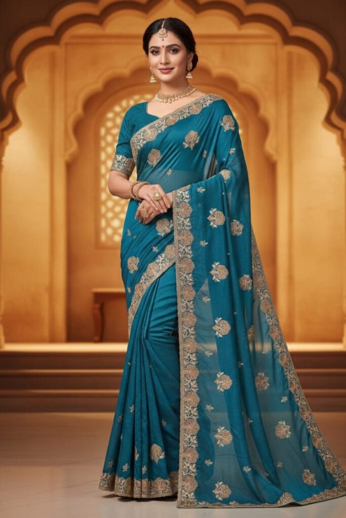 PRINTED JARI SATIN SILK FABRIC WITH JARKAN WORK