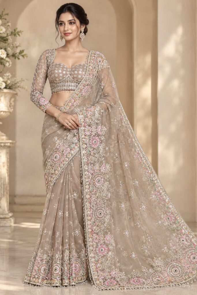 Beige Saree Net Heavy Designer Embroidery Material - Pink Floral & Silver Sequin Work