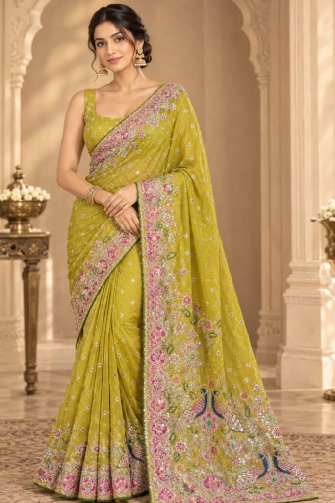 Lime Olive Designer Saree with Pink Floral Embroidery