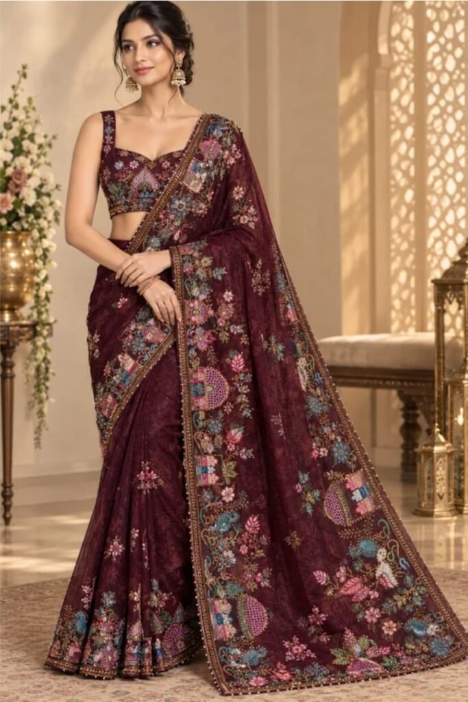 Designer Wine Embroideredfandy satin Silk saree