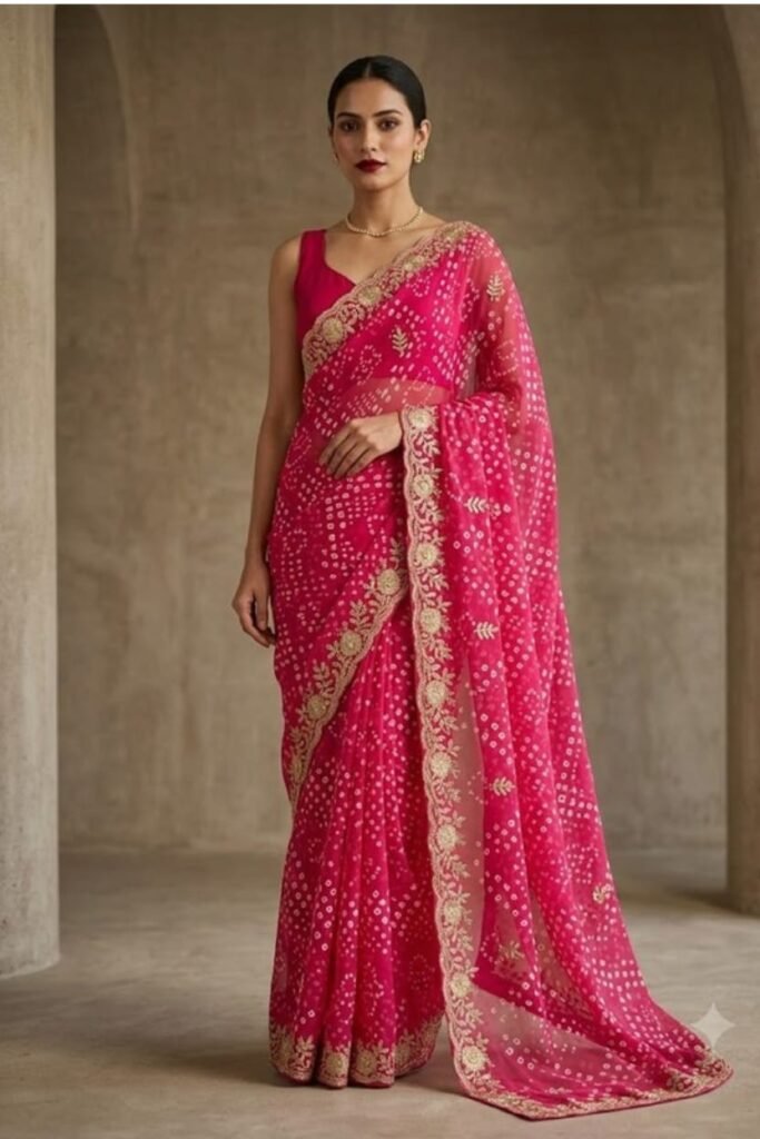 Rani Pink Bandhani saree with Golden Zari Embroidery Border